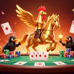 Experience the thrill at lc88 casino with a golden rooster navigating a midnight poker scene.