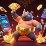 Experience the excitement of Go99 with a thrilling sumo beetle champion amidst flying coins and dynamic casino elements.