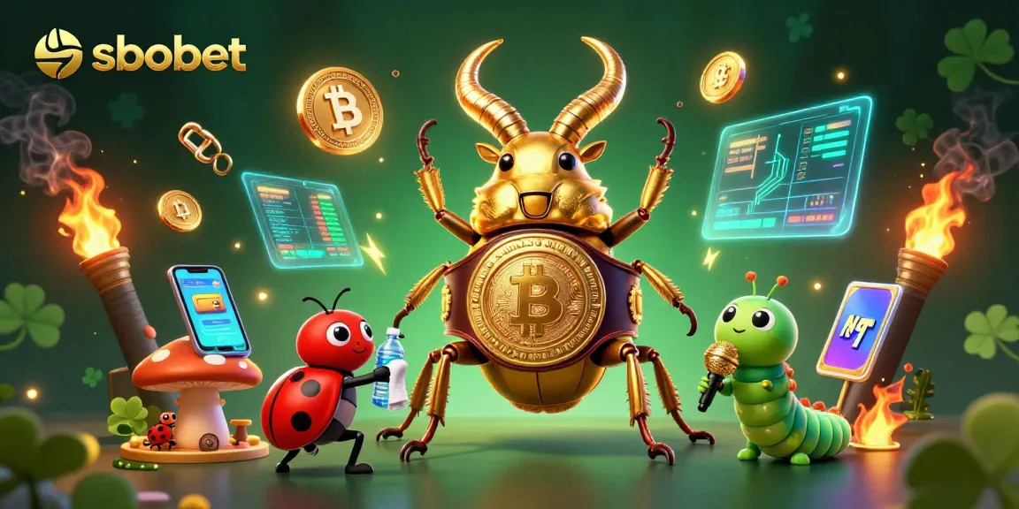 Sbobet sports betting scene featuring a golden stag beetle in a champion belt and cryptocurrencies.