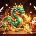 Dhani win showcases a dynamic, colorful representation of an emerald jade dragon, lucky cranes, and a turtle sage in a thrilling casino atmosphere.