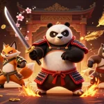 Experience thrilling action at XX88 with a fierce samurai panda, ninja fox, and magical tanuki in an epic gambling scene.