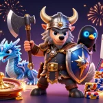 Engage with tx88 and enjoy a thrilling casino adventure featuring a Viking warrior, dragon, and dynamic gaming elements.