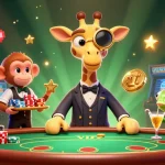 Experience high-stakes gaming with okvip's vibrant casino scene featuring a high-roller giraffe and colorful game elements.
