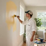 Professional lincoln painter applying fresh paint in a bright living room, showcasing craftsmanship and transformation.