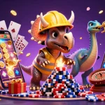 Cczauvr sale features a vibrant illustration of a triceratops building a poker chip pyramid in a celebration of fun gaming.