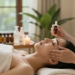 Woman enjoying a soothing facial with skin repair peptide in a tranquil spa setting.