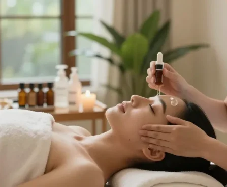 Woman enjoying a soothing facial with skin repair peptide in a tranquil spa setting.