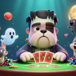 Experience thrilling gaming action with Nk88 as characters deal cards and float in a vibrant casino scene.