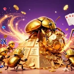 Engage in thrilling games at RIC79 with vibrant casino elements and gold coins cascading around.