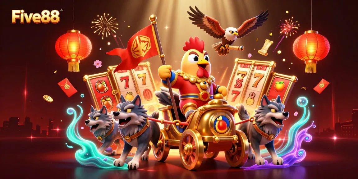 Experience Five88's vibrant gaming scene with a dynamic, action-packed casino illustration.