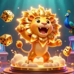 Engage with uk888's vibrant casino adventure featuring 3D cartoon lion and golden dice in action.