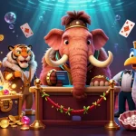 Engage with lc88's vibrant gaming scene featuring a bouncer mammoth, saber-tooth VIP, and colorful slot symbols.