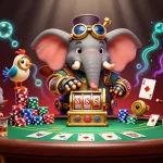 Play slots like F168 with an elephant engineer operating a colorful slot machine in a vibrant casino scene.
