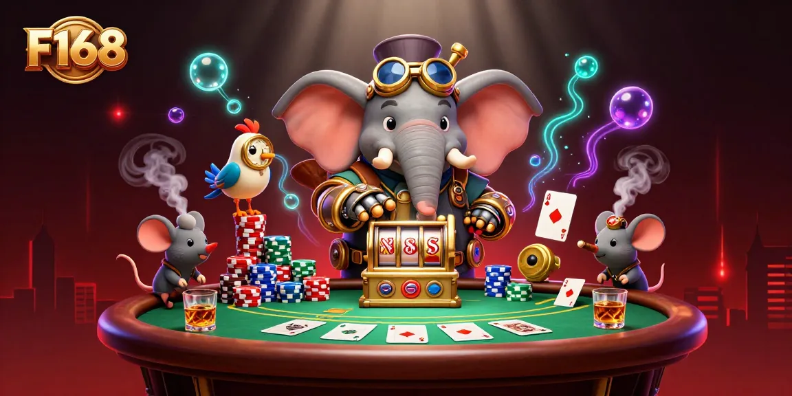 Play slots like F168 with an elephant engineer operating a colorful slot machine in a vibrant casino scene.