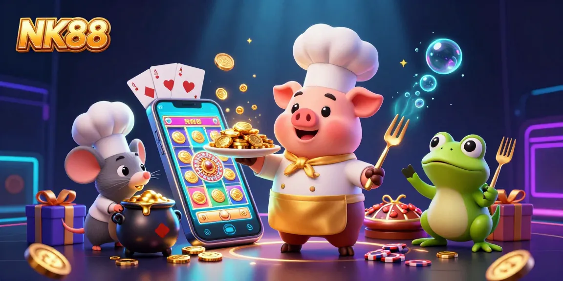 Watch NK88's exciting online gaming adventures featuring golden coins, vibrant slots, and animated characters.
