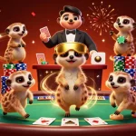 Experience tg88's lively casino atmosphere with meerkats hustling chips amidst vibrant gaming elements.