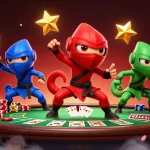 Xem bóng đá with a dynamic team of chameleon ninjas showcasing poker elements and vibrant casino details.