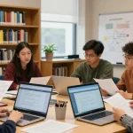 Students researching replacement academic documents UK in a collaborative library setting.