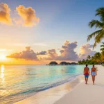 Luckywin travel guide showcasing a stunning tropical beach vacation scene with golden sands and palm trees.