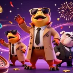 88SN raptors humorously dressed in a trench coat entering a VIP casino while cascading coins and gems resonate around them.