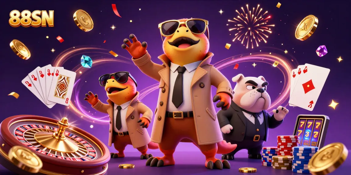 88SN raptors humorously dressed in a trench coat entering a VIP casino while cascading coins and gems resonate around them.