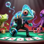 Engage in thrilling 123B poker action with chameleon, gecko and octopus characters.