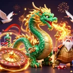 Experience the excitement at trang chủ XX88 with a vibrant casino-themed illustration featuring mythical and lucky elements.