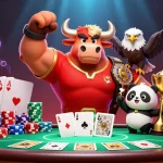 QS88 offers an exciting gaming experience with a bull mascot celebrating victory at a poker table.