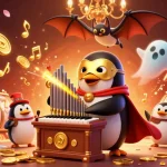 Experience thrilling gameplay at AO88 with a majestic penguin organist, coins, and vibrant casino elements.