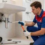 Professional plumber examining blocked drains London in a clean, well-lit home environment.