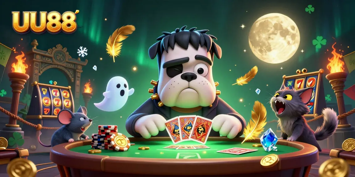 Experience UU88's thrilling card games with vibrant characters in a spooky casino setting.