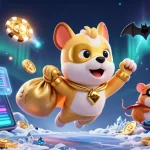 Engage in thrilling gameplay at nk88 with a cartoon superhero dog soaring with gold coins amidst vibrant casino elements.