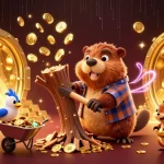 57E's vibrant illustration shows animated characters celebrating with golden coins and treasures, emphasizing fun in gaming.