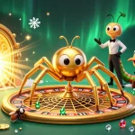 Kuwin features a golden spider dealer in a dazzling casino scene with gems and gold.