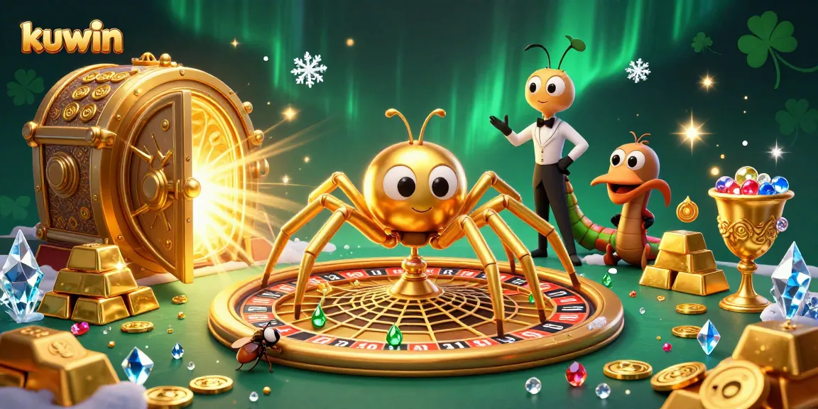 Kuwin features a golden spider dealer in a dazzling casino scene with gems and gold.