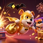 Win big with สล็อตเว็บตรง – a 3D scene featuring a superhero dog and attractions from a vibrant casino.