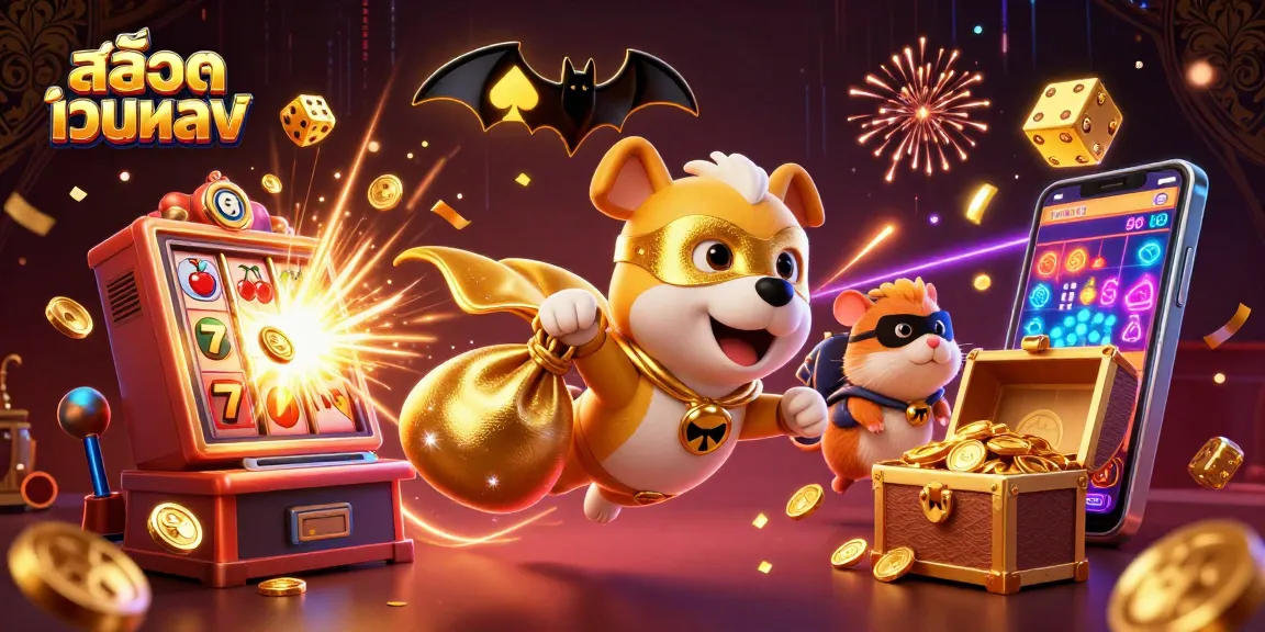 Win big with สล็อตเว็บตรง – a 3D scene featuring a superhero dog and attractions from a vibrant casino.