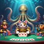 Experience thrilling toto slot gameplay with a dynamic scene of a kraken and diving cat amid vibrant poker elements.