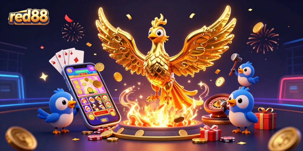 Experience thrilling spins and jackpots with red88's vibrant casino imagery featuring golden phoenix and slot games.