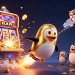 Experience OKWIN with a vibrant casino scene featuring a golden penguin and jackpot action.