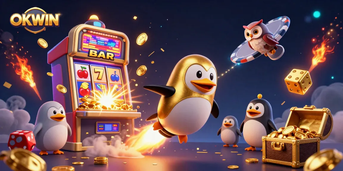 Experience OKWIN with a vibrant casino scene featuring a golden penguin and jackpot action.