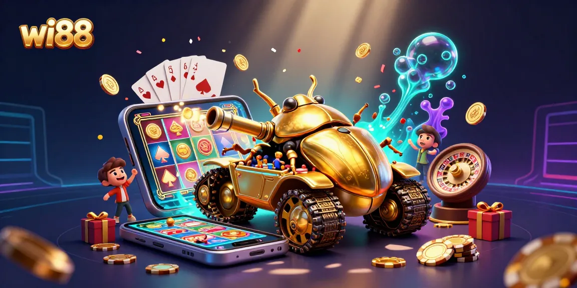 wager exciting games at wi88 with a stunning 3D golden beetle tank casino illustration