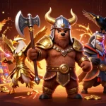 Experience thrilling gameplay at 777x, showcasing a Viking bear, Valkyrie eagle, and rich casino elements.