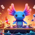 Engage with 98win's vibrant 3D digital scene featuring a cartoon axolotl DJ and interactive gaming elements.