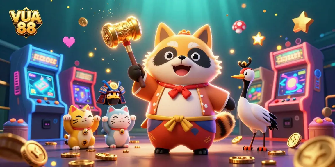 Engage in thrilling gaming with VUA 88's vibrant 3D casino illustration featuring lucky characters and game elements.