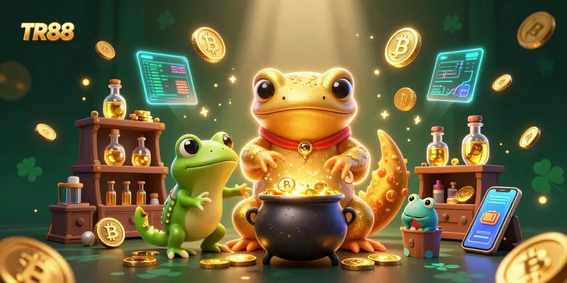Engage with TR88 in a vibrant, magical casino scene with sparkling gold coins and cryptocurrency elements.