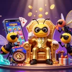 Experience GEM88's high-energy casino scene with vibrant slot games, gold coins, and dynamic characters.