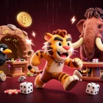 yyuu88 features a dynamic scene with cartoon characters and crypto elements in a vibrant casino atmosphere.