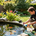 Pond experts testing water quality in a vibrant backyard koi pond.