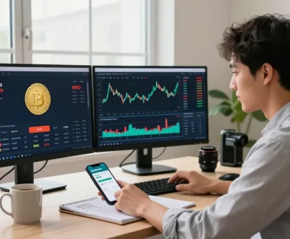 Buy BRICS coins in a modern home office with cryptocurrency dashboards.